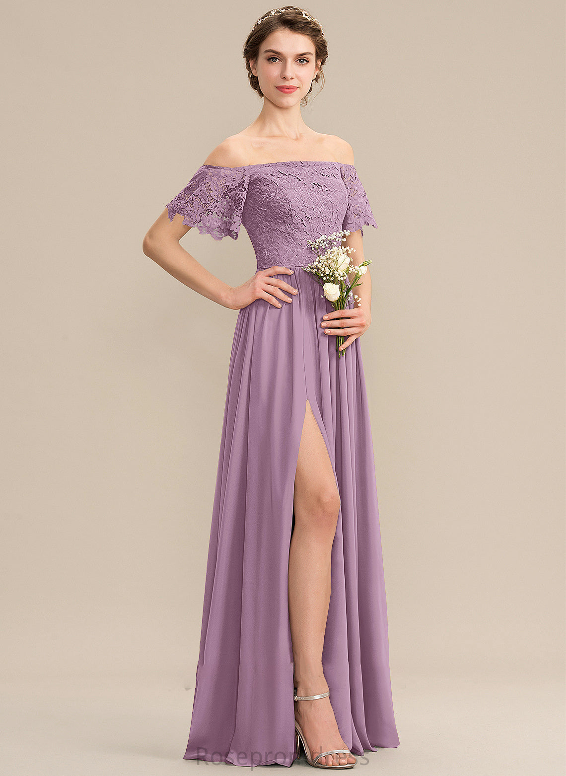 Neckline Length Fabric Off-the-Shoulder A-Line SplitFront Embellishment Silhouette Floor-Length Kiera Bridesmaid Dresses