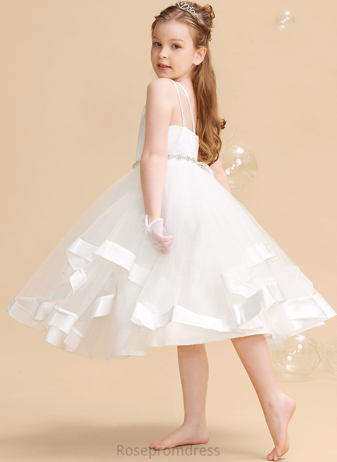 Tea-length Straps Flower Dress Satin/Tulle Beading Girl With Kaleigh Sleeveless A-Line - Flower Girl Dresses
