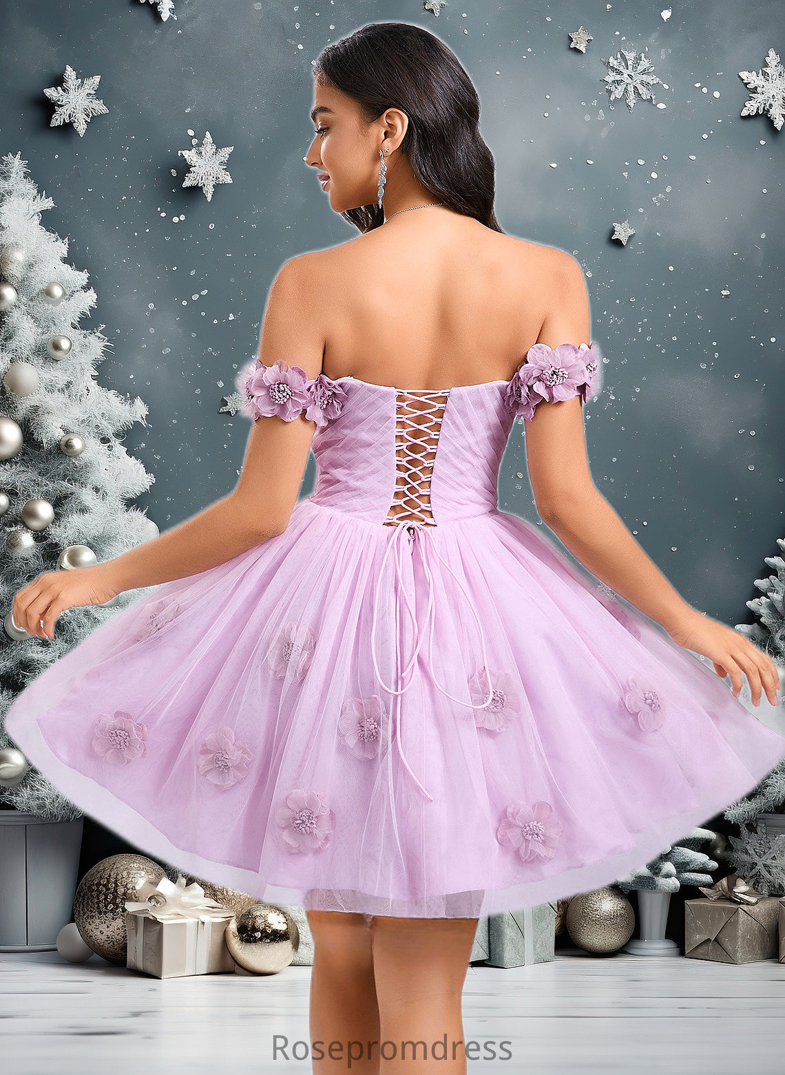 Aimee Ball-Gown/Princess Off the Shoulder Short Tulle Homecoming Dress With Pleated Flower DSP0025668