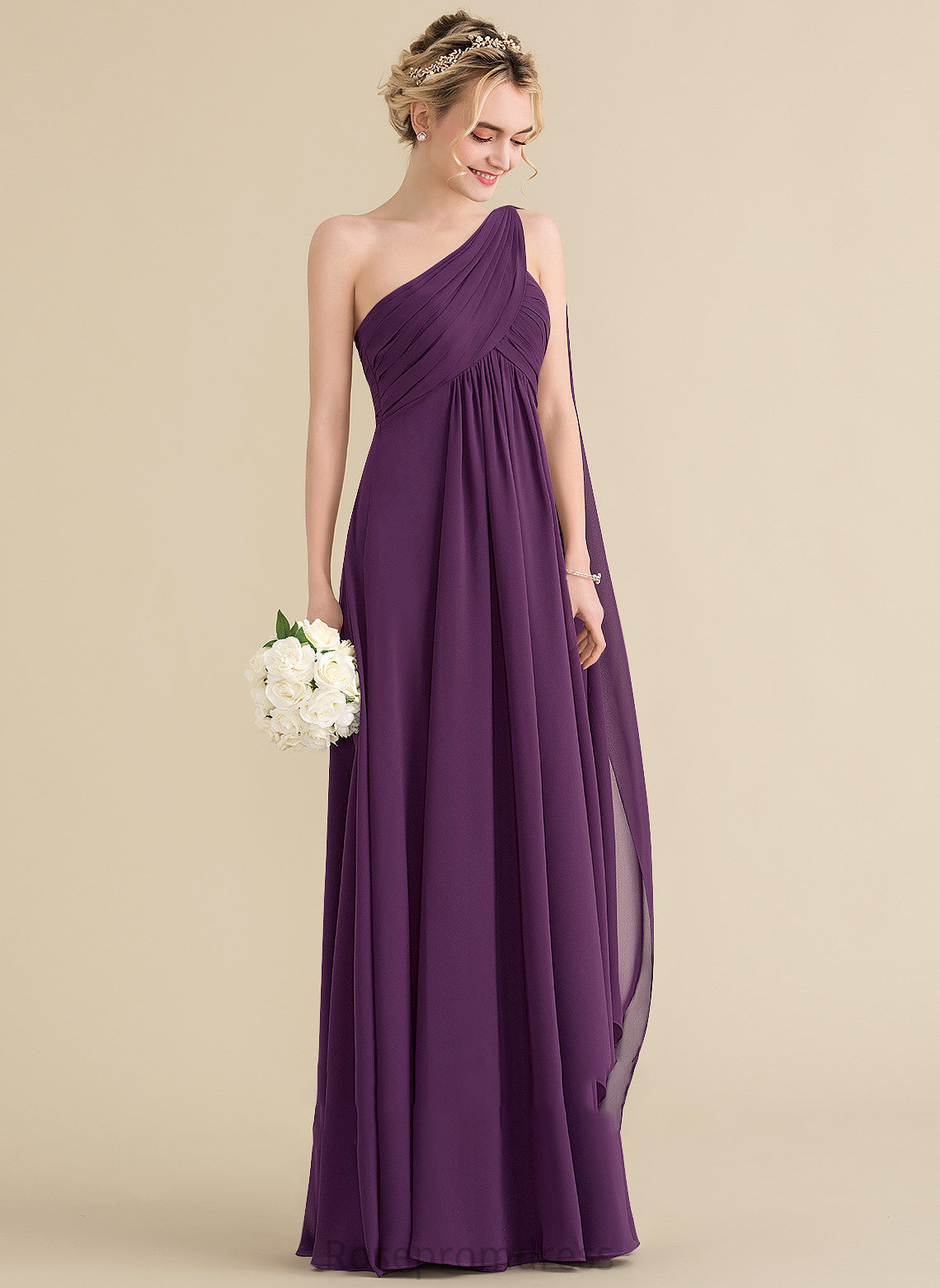 Ruffle Neckline Length Silhouette One-Shoulder A-Line Embellishment Floor-Length Fabric Aurora Sleeveless Empire Waist Bridesmaid Dresses