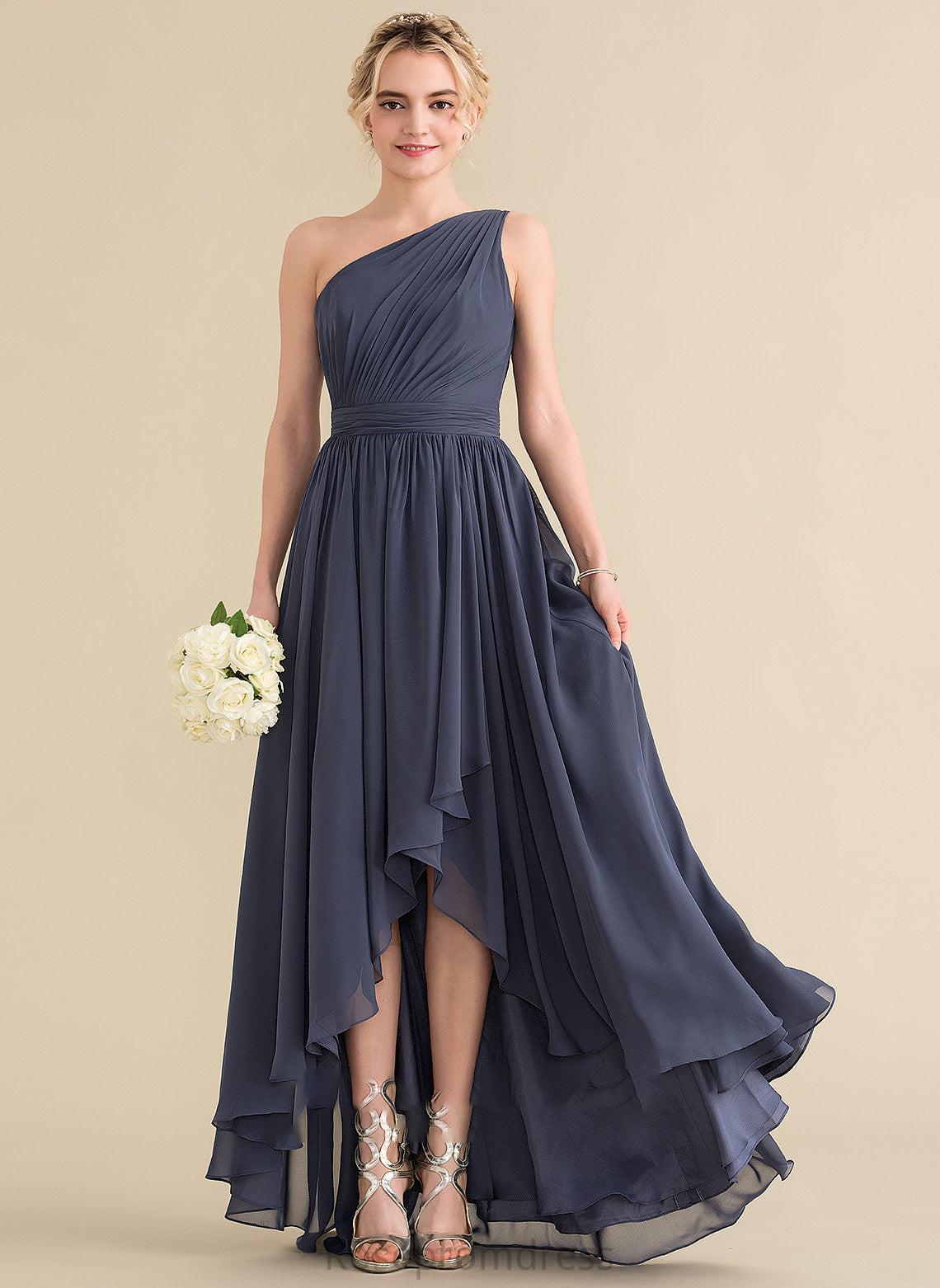 Neckline Fabric Length Silhouette CascadingRuffles One-Shoulder Asymmetrical A-Line Embellishment June A-Line/Princess V-Neck Bridesmaid Dresses