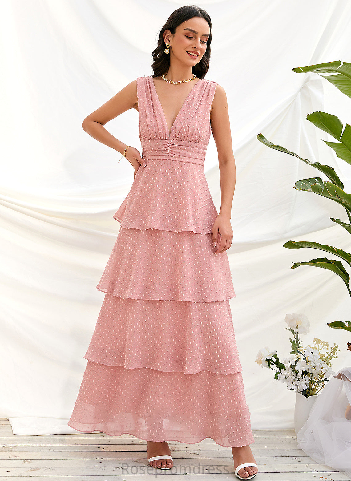 Fabric A-Line Straps Ankle-Length V-neck Silhouette Length Neckline Lucia Sleeveless A-Line/Princess Natural Waist Bridesmaid Dresses