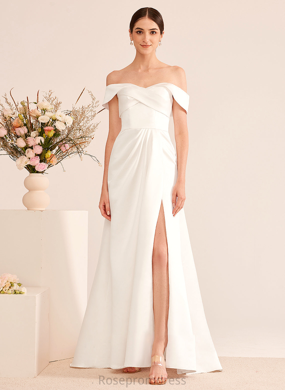 A-Line Off-the-Shoulder Ruffle Dress Wedding Front Split With Sweep Train Wedding Dresses Kyra