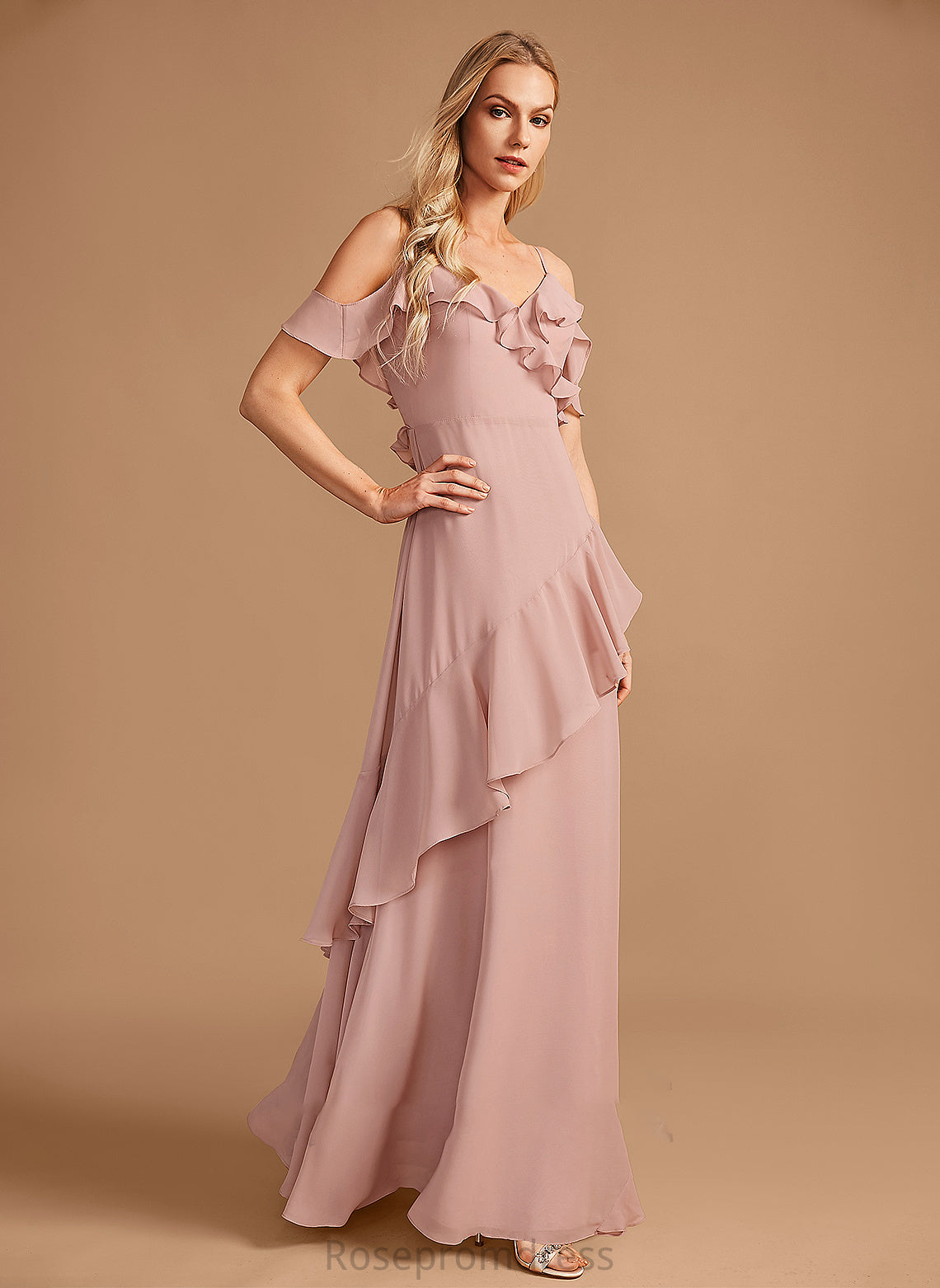 Floor-Length Embellishment V-neck A-Line Length Ruffle Fabric Silhouette Neckline Estrella Bridesmaid Dresses