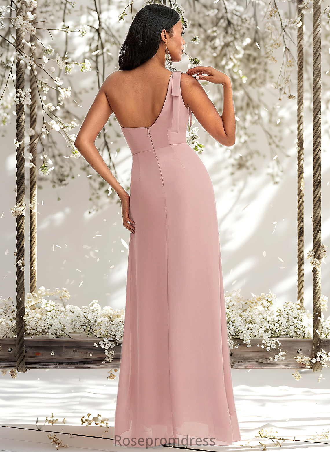 Mandy A-line One Shoulder Floor-Length Chiffon Bridesmaid Dress With Bow DSP0025748