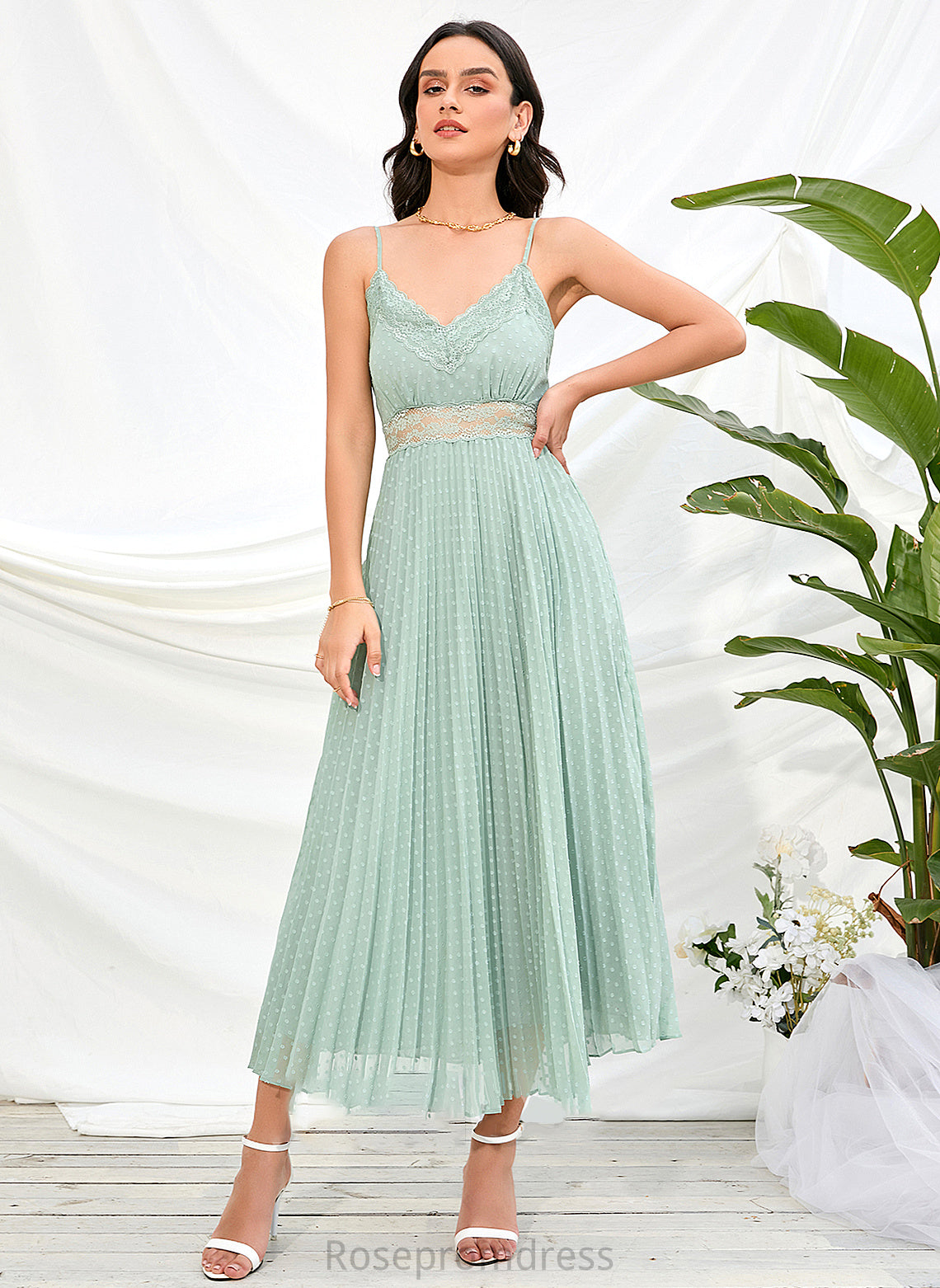 Neckline A-Line V-neck Fabric Silhouette Ankle-Length Straps Length Abbey Spaghetti Staps Natural Waist Floor Length Bridesmaid Dresses