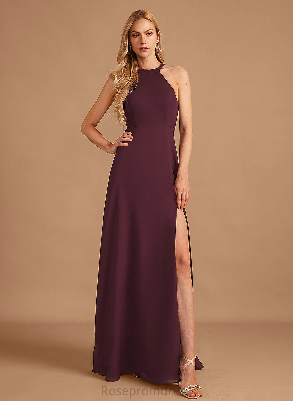 Silhouette Embellishment Fabric Neckline SplitFront Floor-Length Length HighNeck A-Line Damaris Bridesmaid Dresses