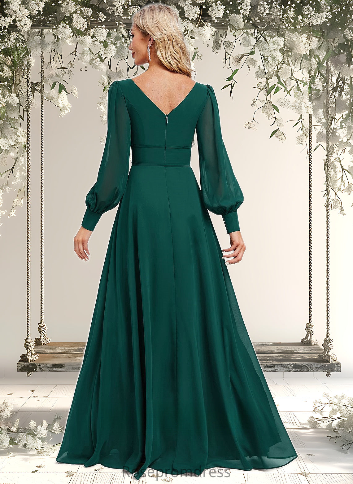 Urania A-line V-Neck Floor-Length Chiffon Bridesmaid Dress DSP0025816