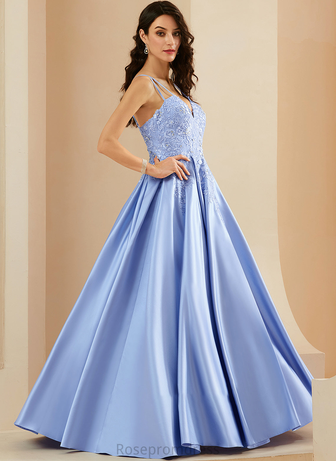 Satin Beading Ball-Gown/Princess Floor-Length Prom Dresses Ursula With Sequins V-neck
