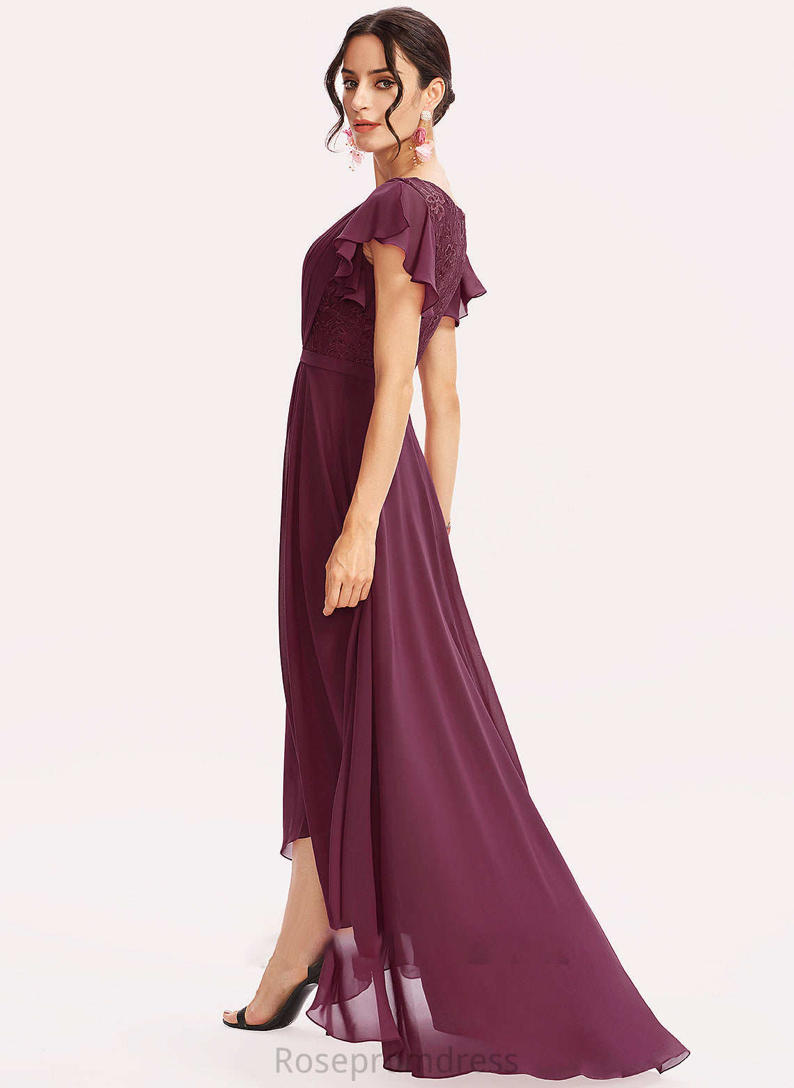 Neckline V-neck Embellishment CascadingRuffles Silhouette Fabric Length Lace A-Line Asymmetrical Nina Natural Waist Bridesmaid Dresses