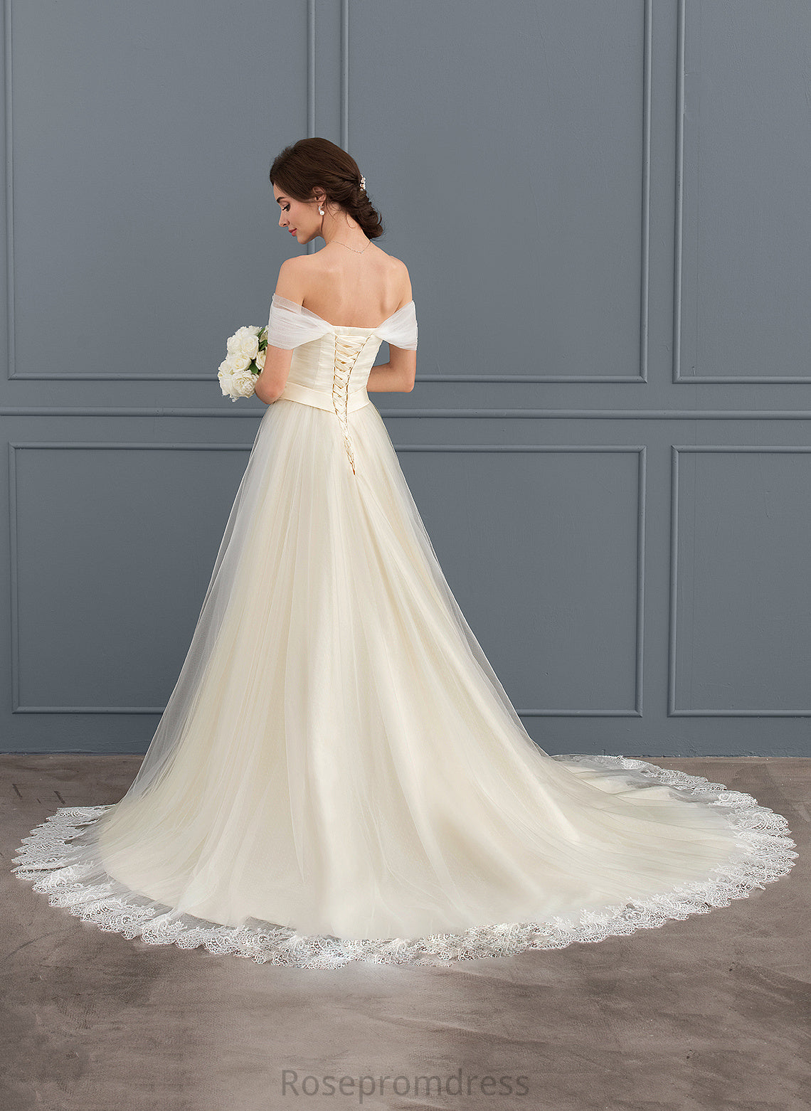 Robin Train Ball-Gown/Princess Tulle Lace Court Wedding With Dress Wedding Dresses Off-the-Shoulder Ruffle