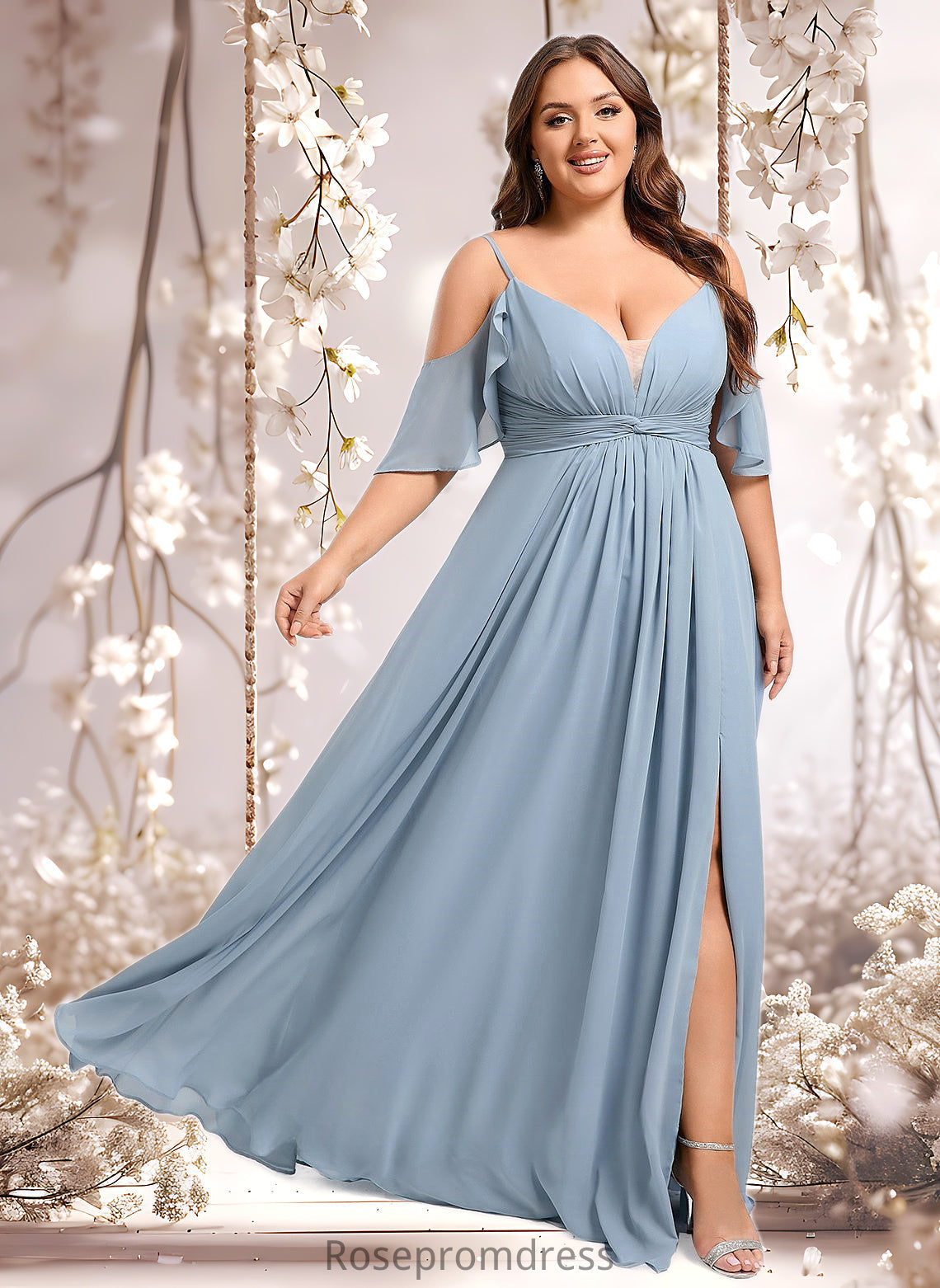 Camryn A-line Cold Shoulder Floor-Length Chiffon Bridesmaid Dress With Ruffle DSP0025797