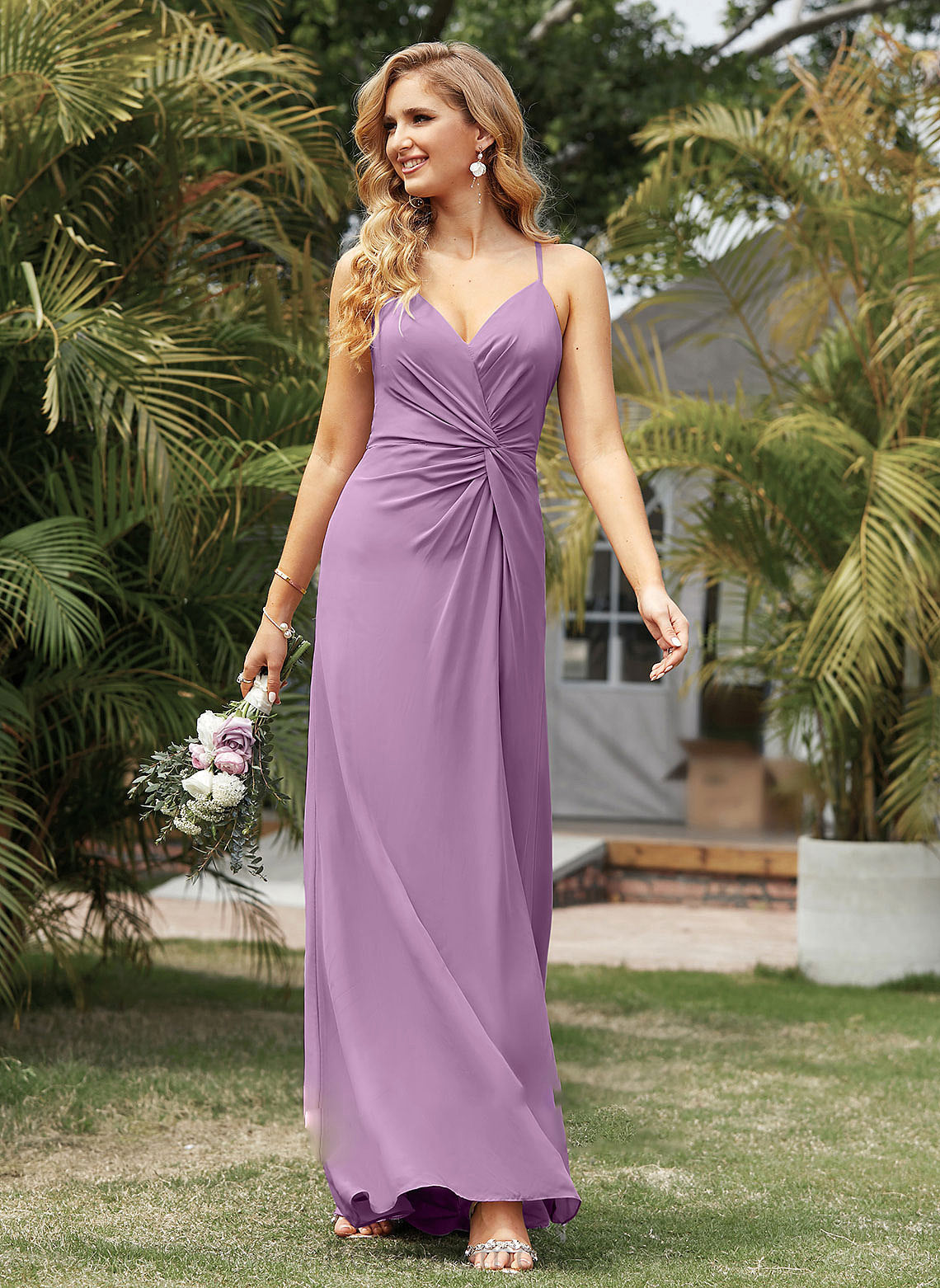 Fabric Neckline Silhouette Embellishment Floor-Length A-Line Ruffle Length V-neck SplitFront Mira Bridesmaid Dresses