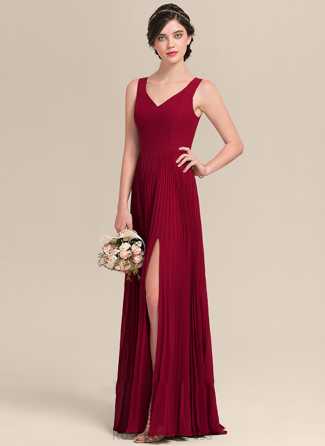A-Line Fabric Silhouette Floor-Length Neckline Embellishment Length SplitFront V-neck Pleated Esther Spaghetti Staps Bridesmaid Dresses