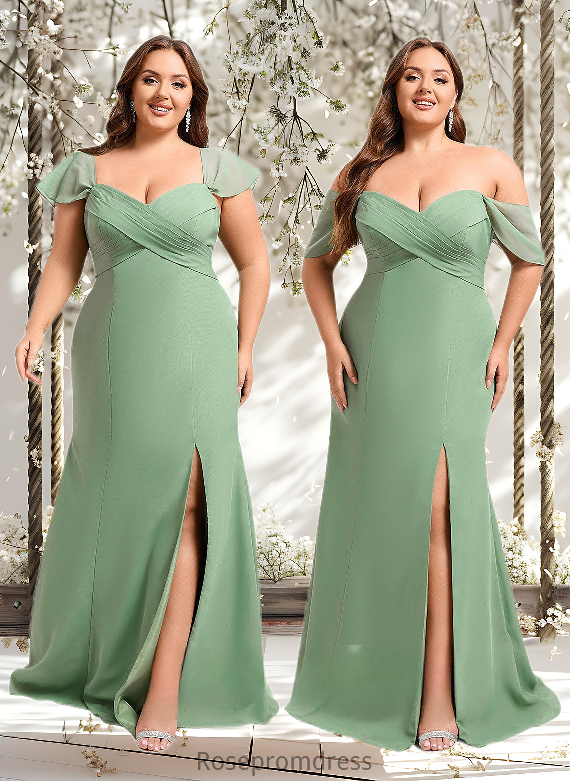 Marian Trumpet/Mermaid Off the Shoulder V-Neck Floor-Length Chiffon Bridesmaid Dress DSP0025810
