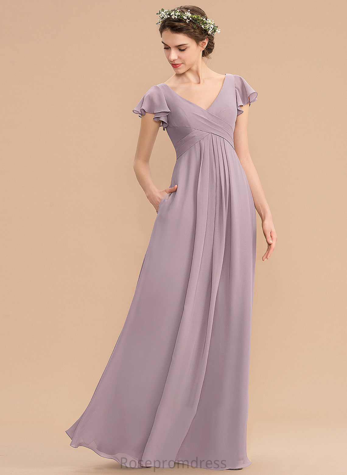 A-Line Length Embellishment Pockets Neckline CascadingRuffles Silhouette Floor-Length V-neck Fabric Cameron Bridesmaid Dresses