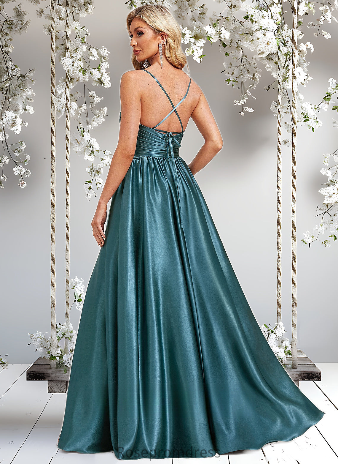 Angelina A-line V-Neck Floor-Length Stretch Satin Bridesmaid Dress DSP0025786