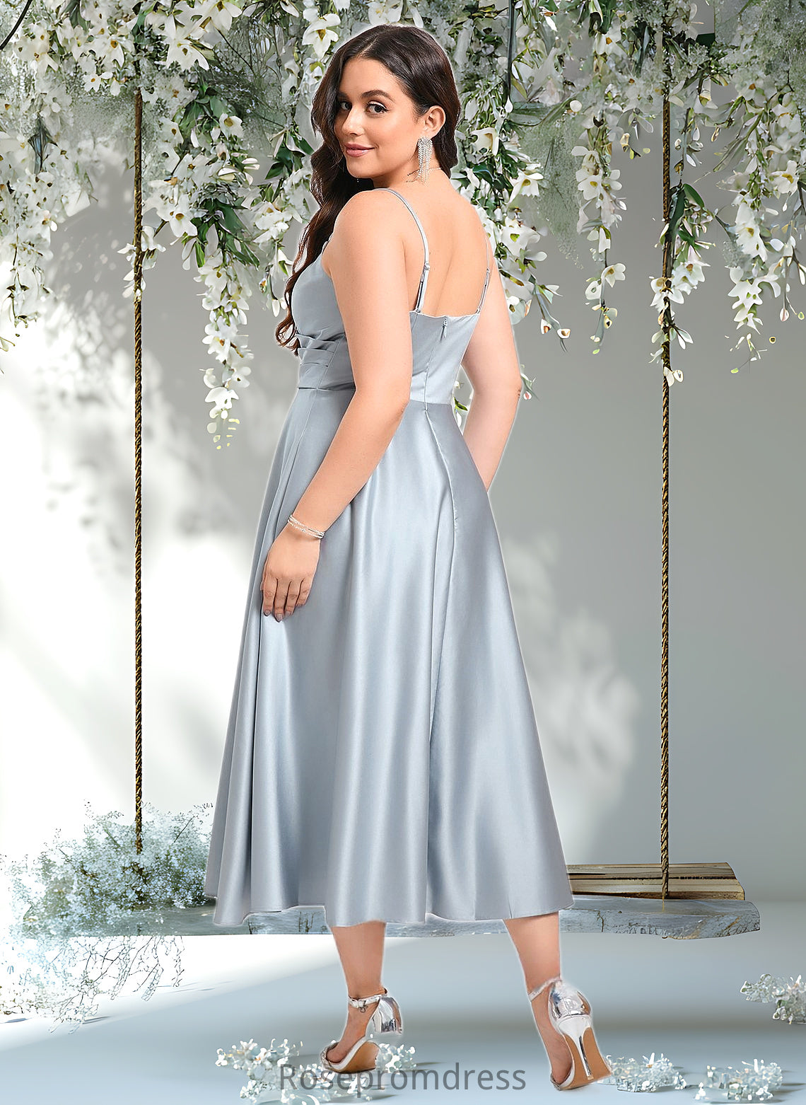 Marissa A-line V-Neck Tea-Length Satin Bridesmaid Dress DSP0025794