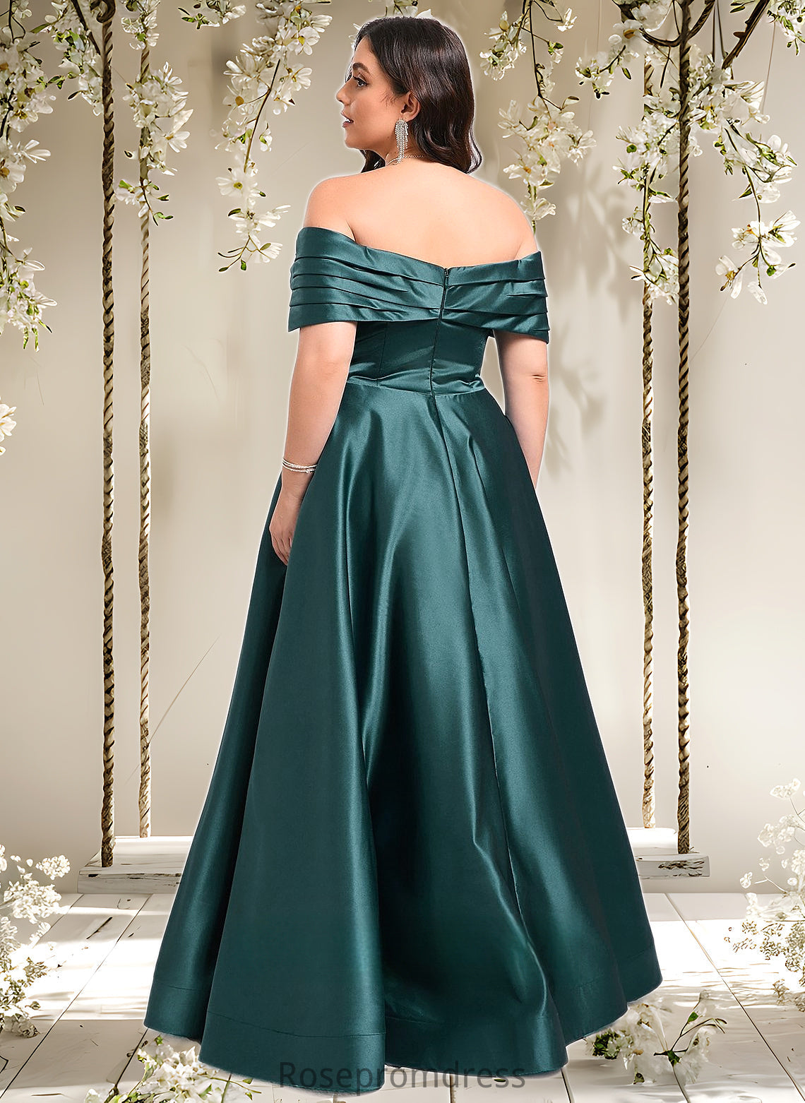 Setlla A-line Off the Shoulder Floor-Length Satin Prom Dresses With Pleated DSP0025851