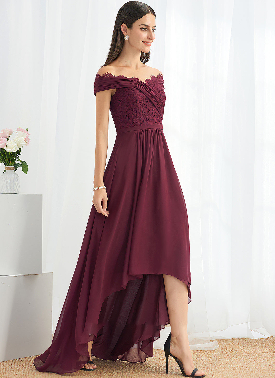 Fabric A-Line Asymmetrical Lace Embellishment Off-the-Shoulder Neckline Silhouette Length Haley Spaghetti Staps Floor Length Bridesmaid Dresses