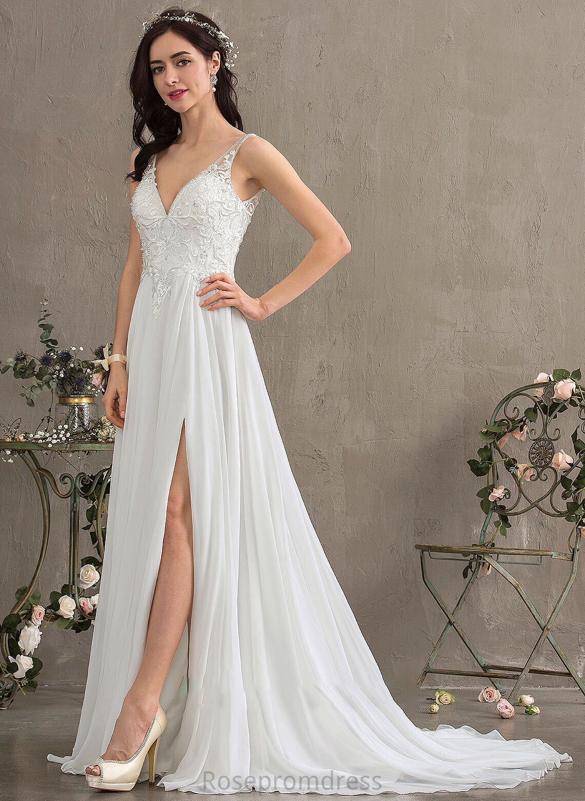 Sequins With Dress Train Sweep Split Wedding Dresses Front Beading A-Line Wedding V-neck Chiffon Cali