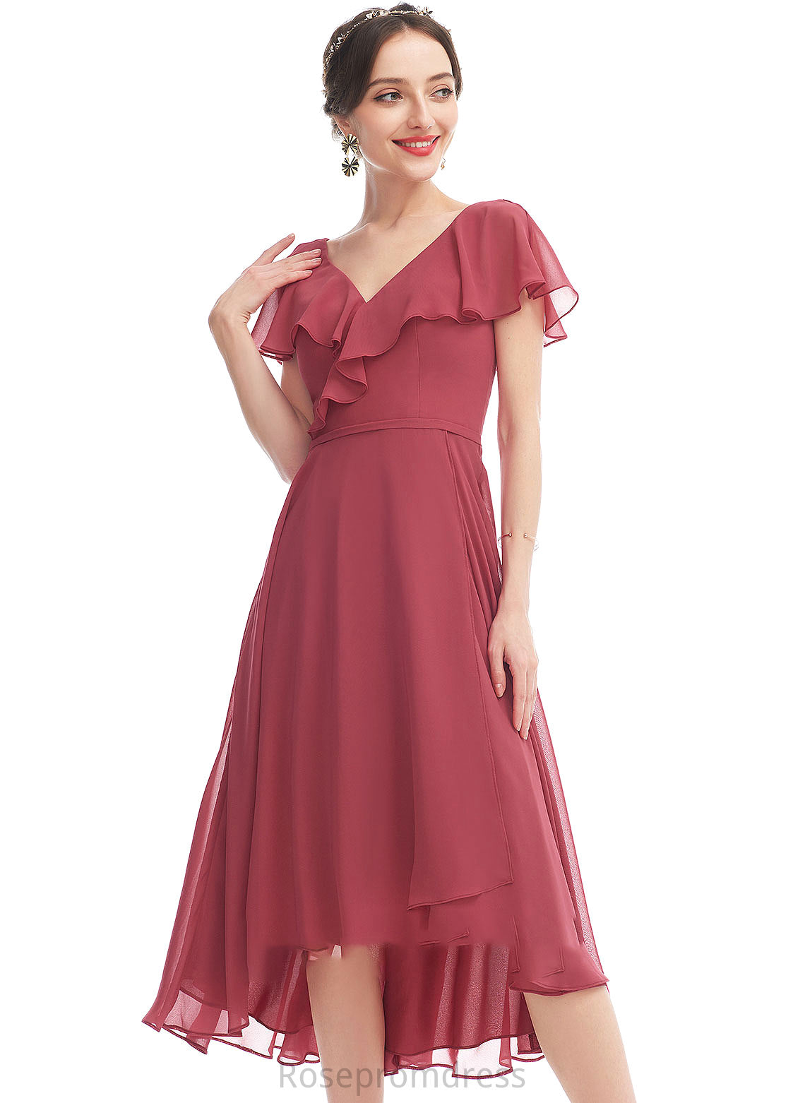 Neckline Fabric A-Line Silhouette Embellishment Length Ruffle V-neck Asymmetrical Violet Bridesmaid Dresses