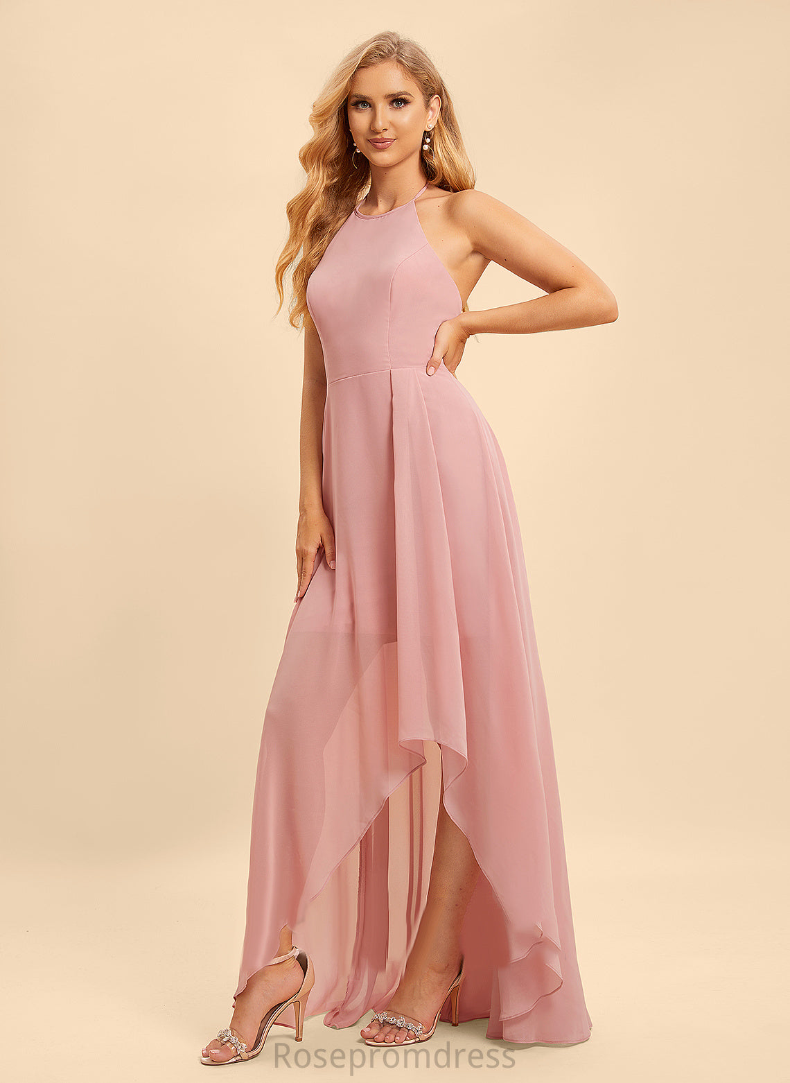 Asymmetrical Fabric Halter Embellishment Length Silhouette Neckline Ruffle A-Line Matilda Bridesmaid Dresses
