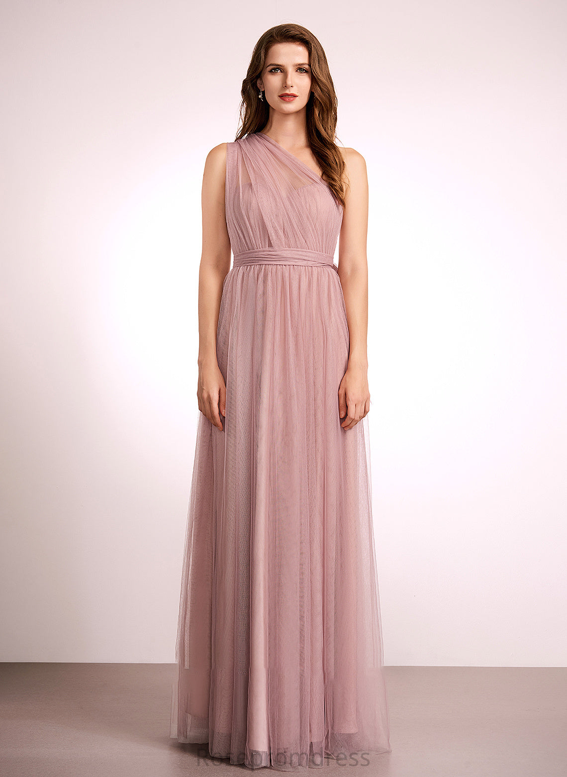 Neckline One-Shoulder Fabric Straps A-Line Length Silhouette V-neck Off-the-Shoulder Tulle Floor-Length Leslie Bridesmaid Dresses