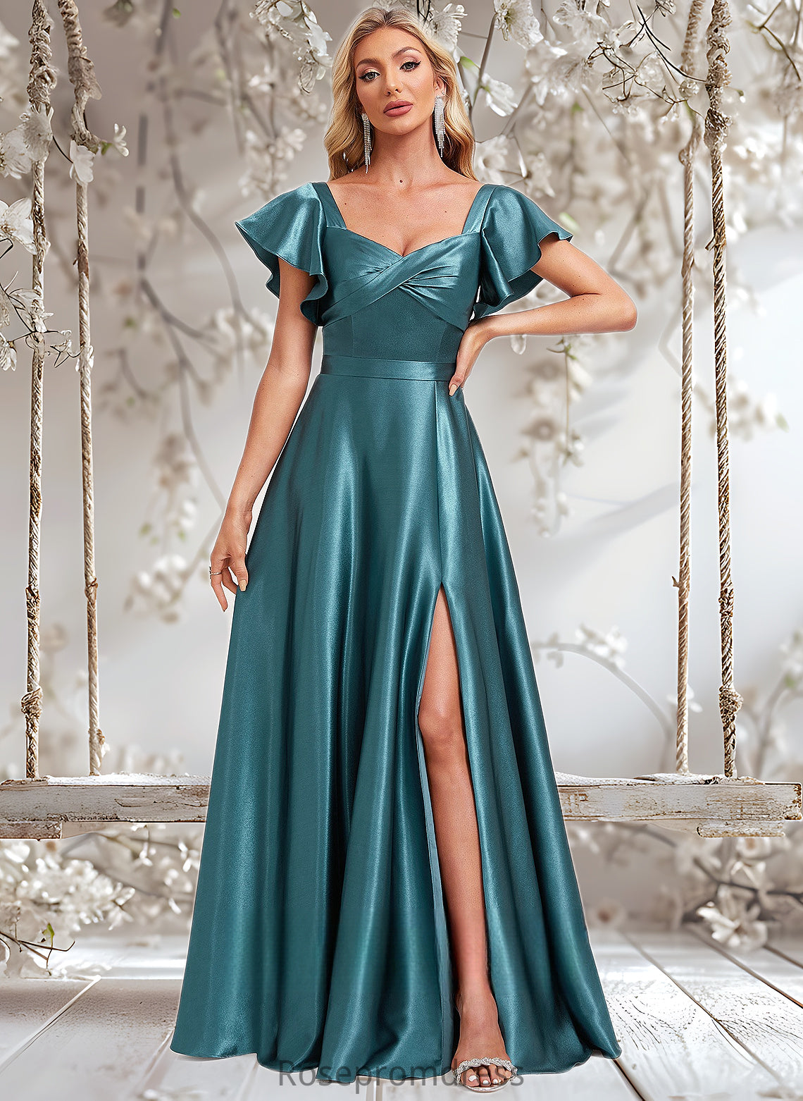 Rosalind A-line V-Neck Floor-Length Stretch Satin Bridesmaid Dress With Ruffle DSP0025780
