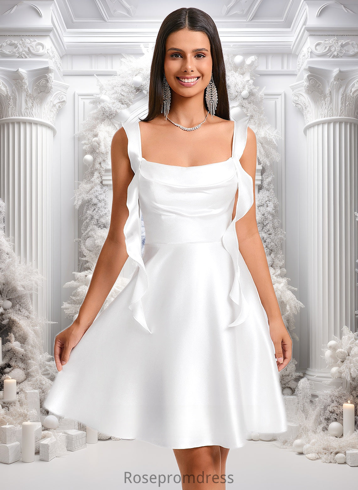 Jaelynn A-line Scoop Short Stretch Satin Homecoming Dress With Cascading Ruffles DSP0025653