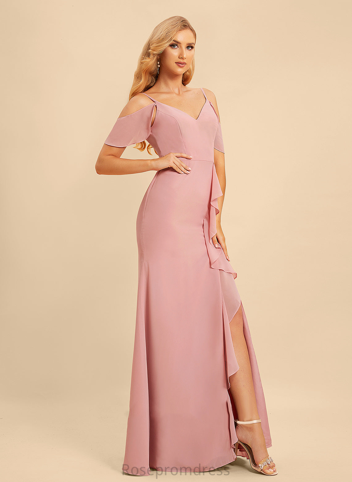 V-neck Ruffle Silhouette Fabric Embellishment Floor-Length SplitFront A-Line Length Neckline Cassie Bridesmaid Dresses