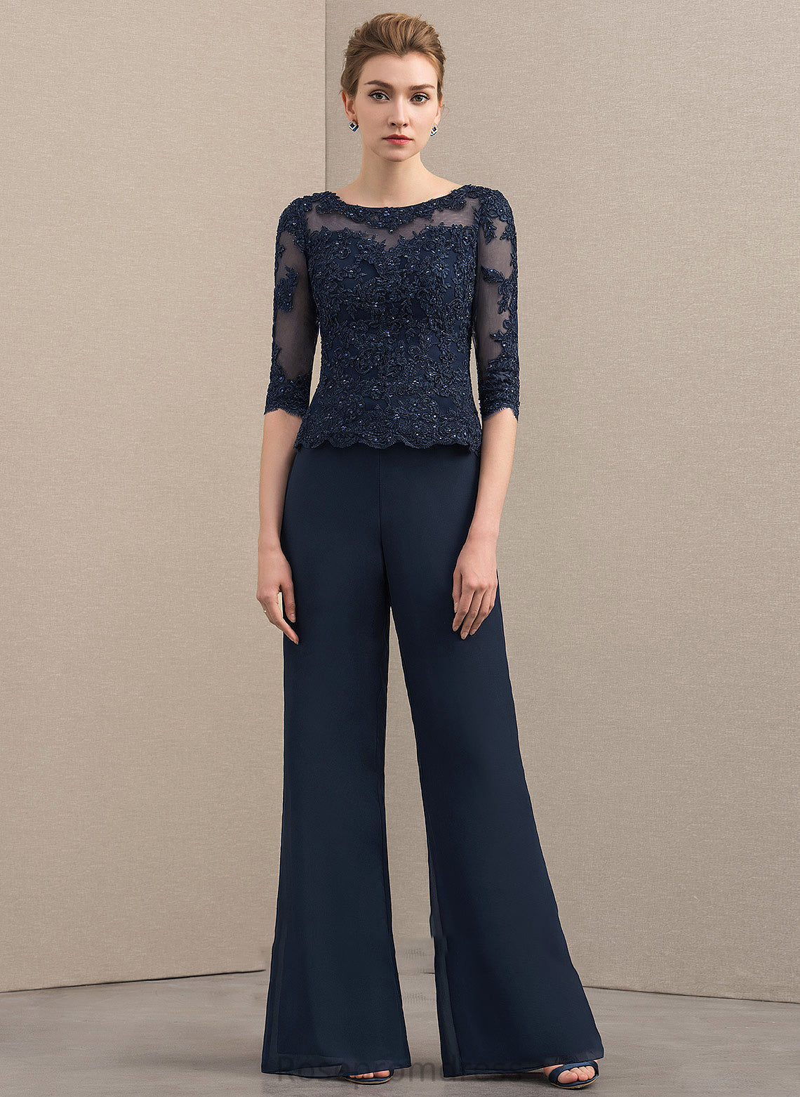 Dress Lace Bride Chiffon Mother of the Bride Dresses Neck Jumpsuit/Pantsuit Scoop Beading the Mother Floor-Length Janelle of With