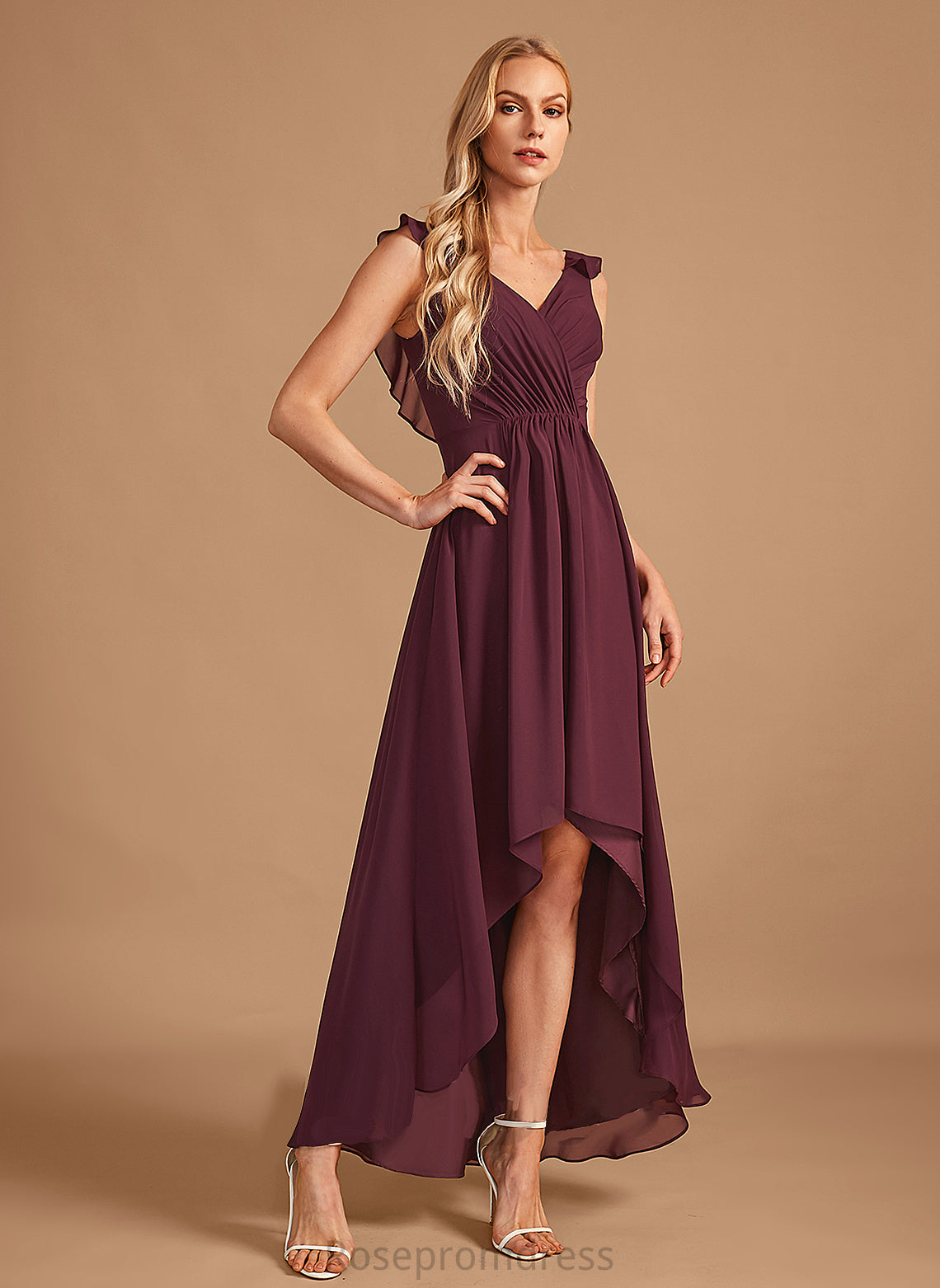 Asymmetrical A-Line V-neck Embellishment Fabric Neckline Silhouette Length Ruffle Elsa Bridesmaid Dresses