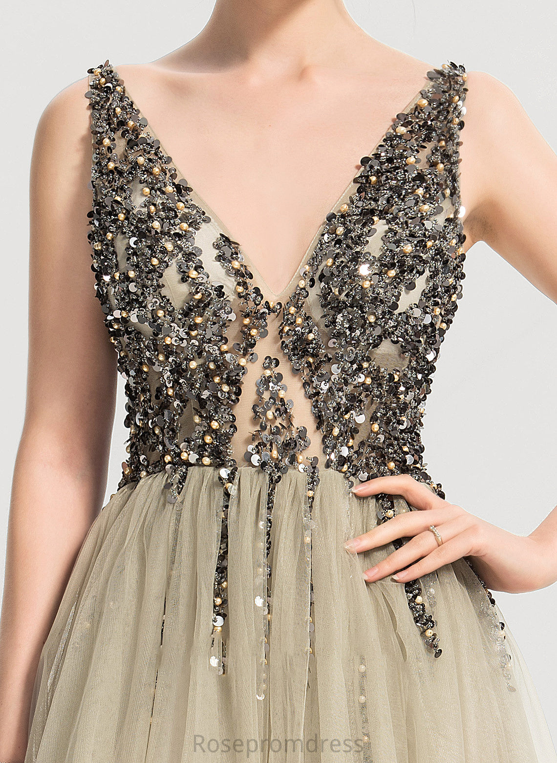 Sequins Floor-Length Marcia Beading Front A-Line V-neck Tulle Split With Prom Dresses