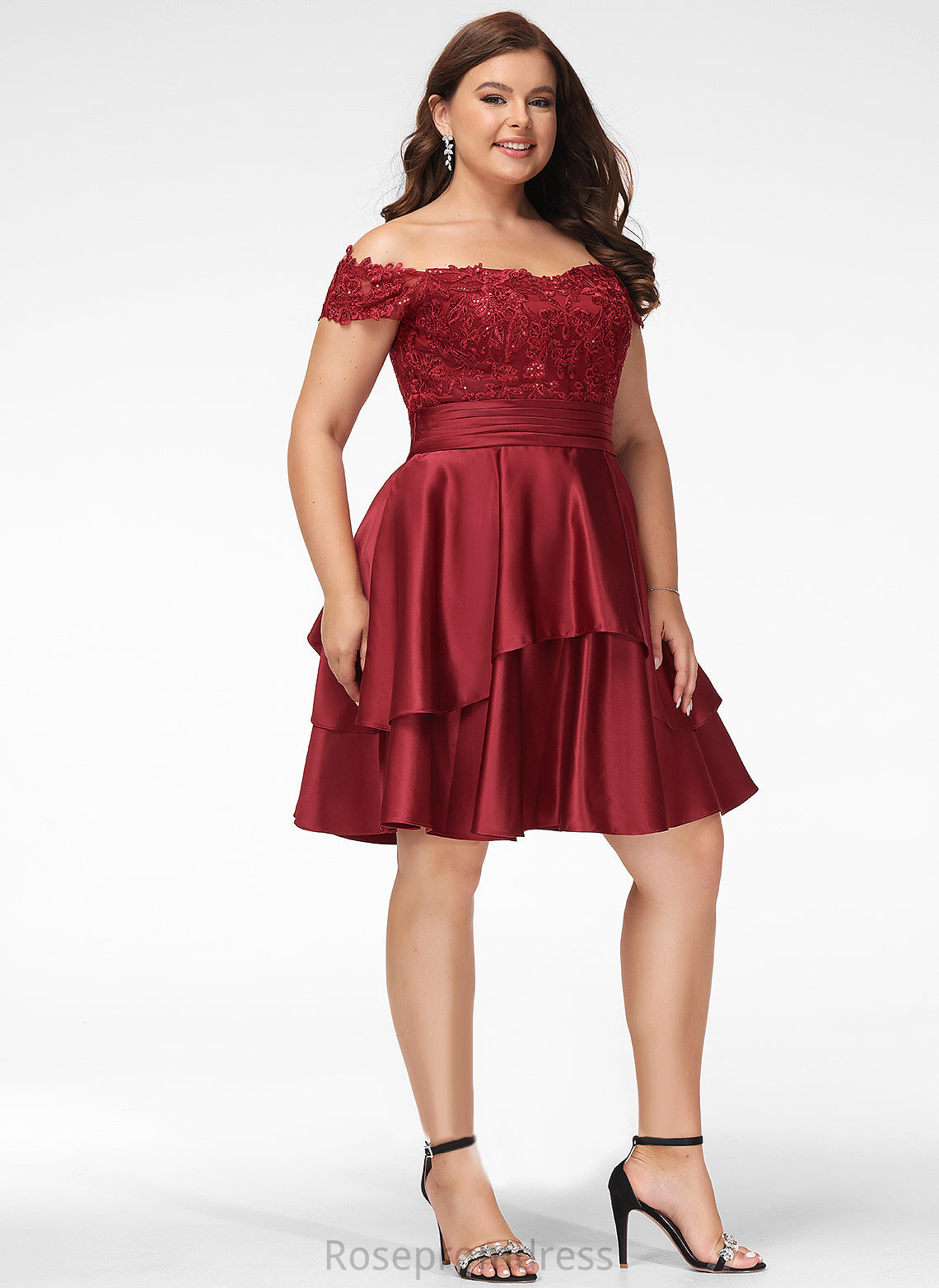 Sequins A-Line Knee-Length Dress Salma With Off-the-Shoulder Cocktail Cocktail Dresses Satin Lace
