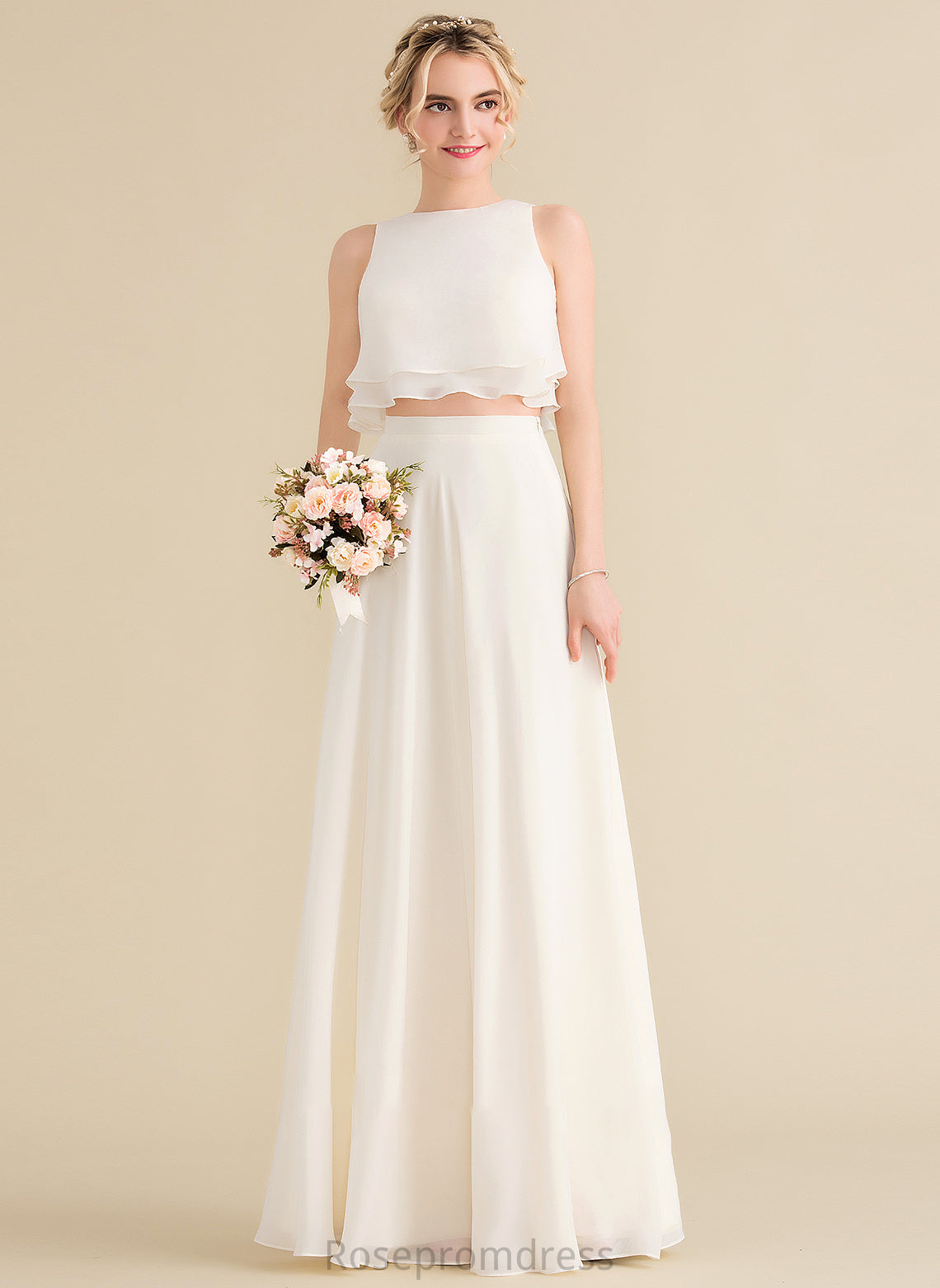 CascadingRuffles Neckline ScoopNeck Floor-Length Fabric Length Silhouette Embellishment A-Line Miya Natural Waist V-Neck Bridesmaid Dresses