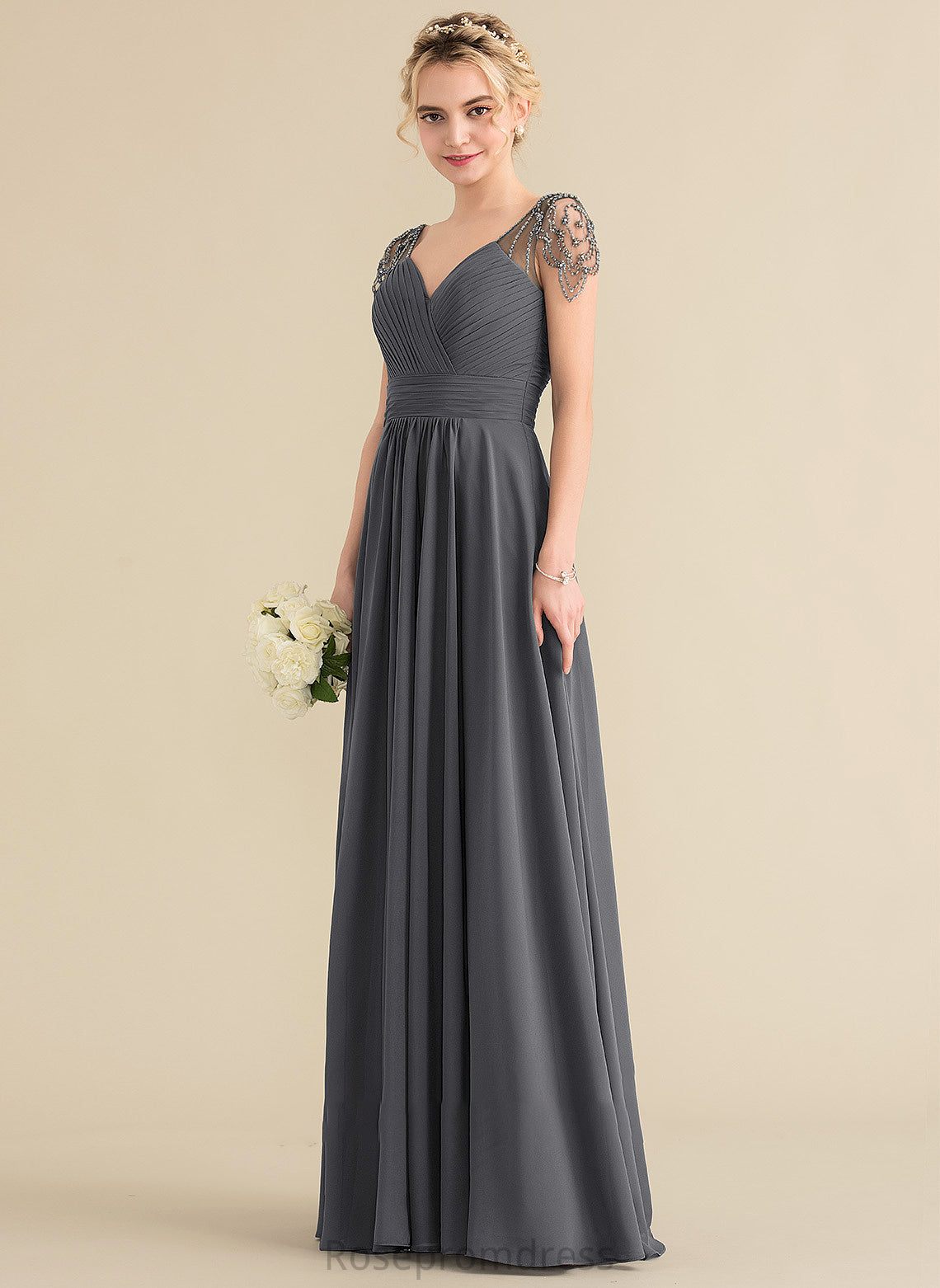Beading Fabric Embellishment Neckline Silhouette Ruffle Floor-Length Sequins A-Line V-neck Length Aliya Bridesmaid Dresses