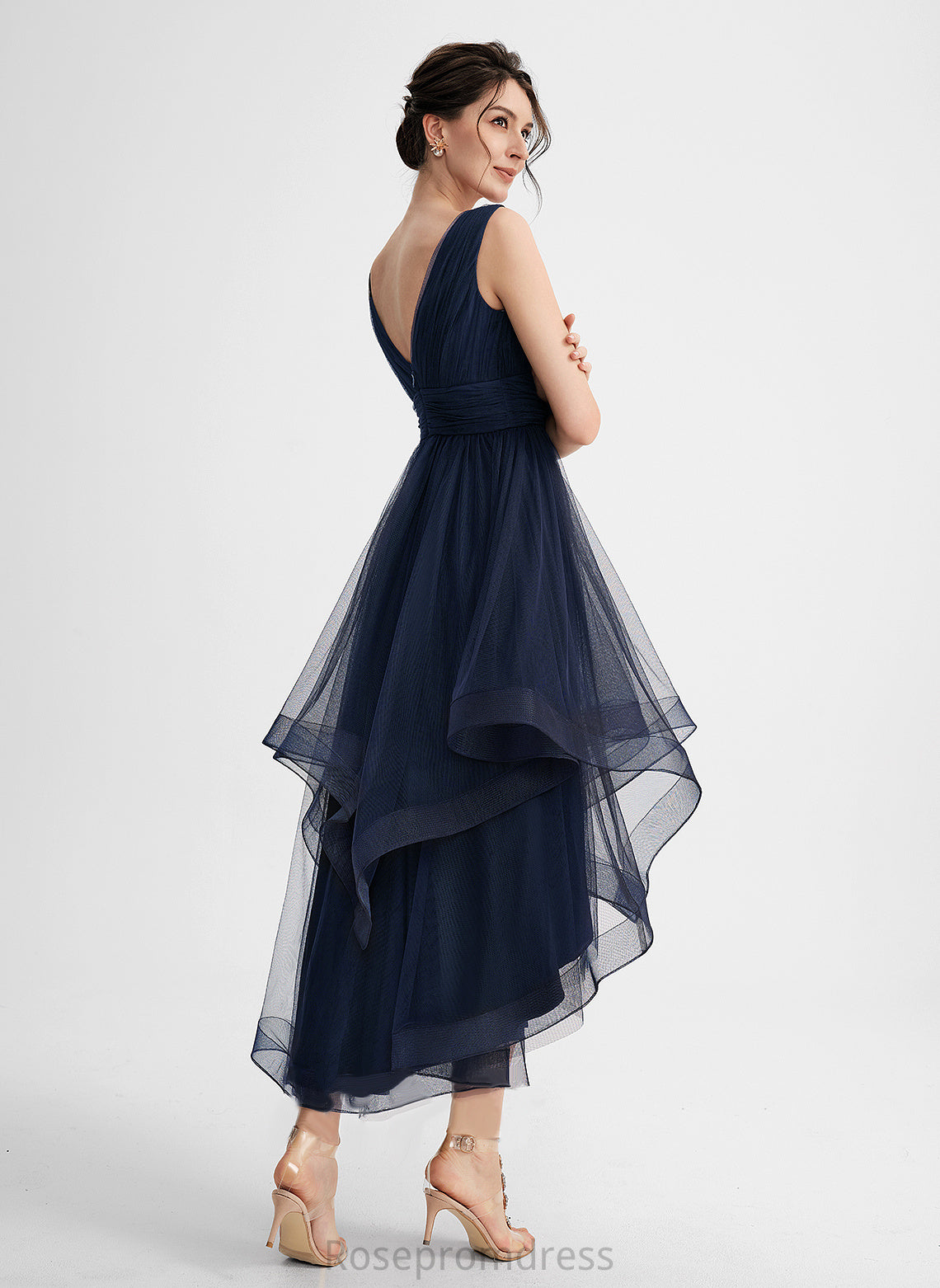 Tulle Pleated V-neck A-Line With Cascading Dress Asymmetrical Cocktail Cocktail Dresses Ruffles Nina