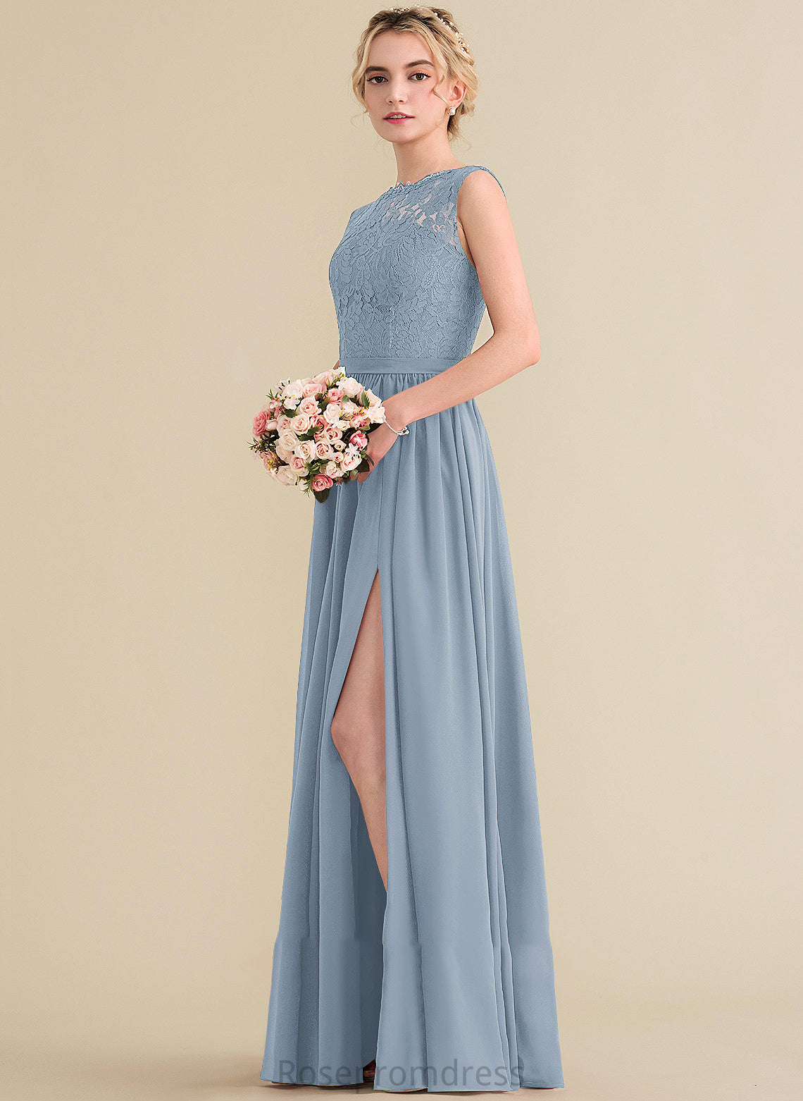 ScoopNeck Length Silhouette Embellishment SplitFront A-Line Fabric Floor-Length Neckline Madge Floor Length Scoop Bridesmaid Dresses