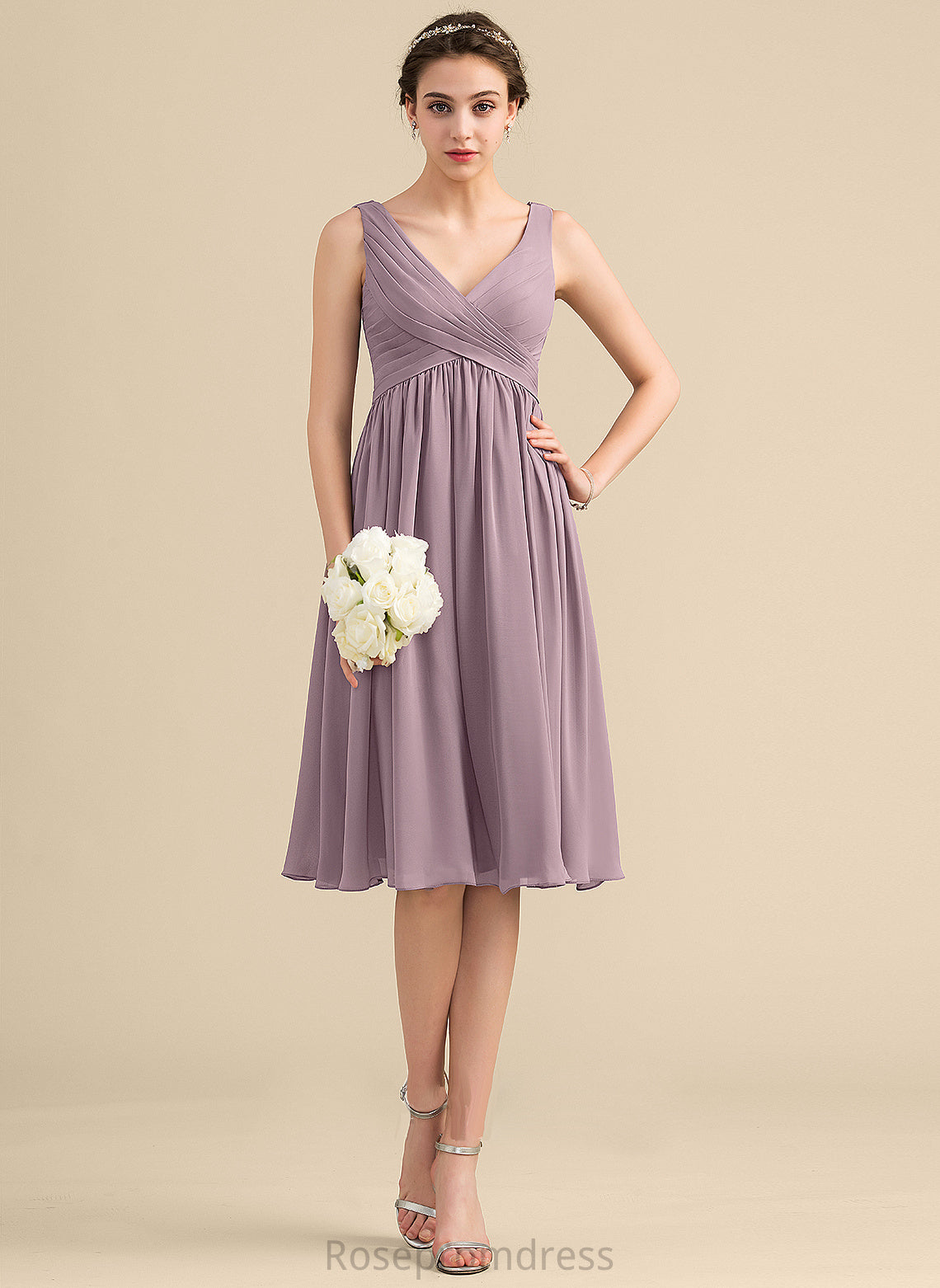 Fabric Knee-Length Embellishment Neckline Silhouette Empire V-neck CascadingRuffles Length Tania Bridesmaid Dresses