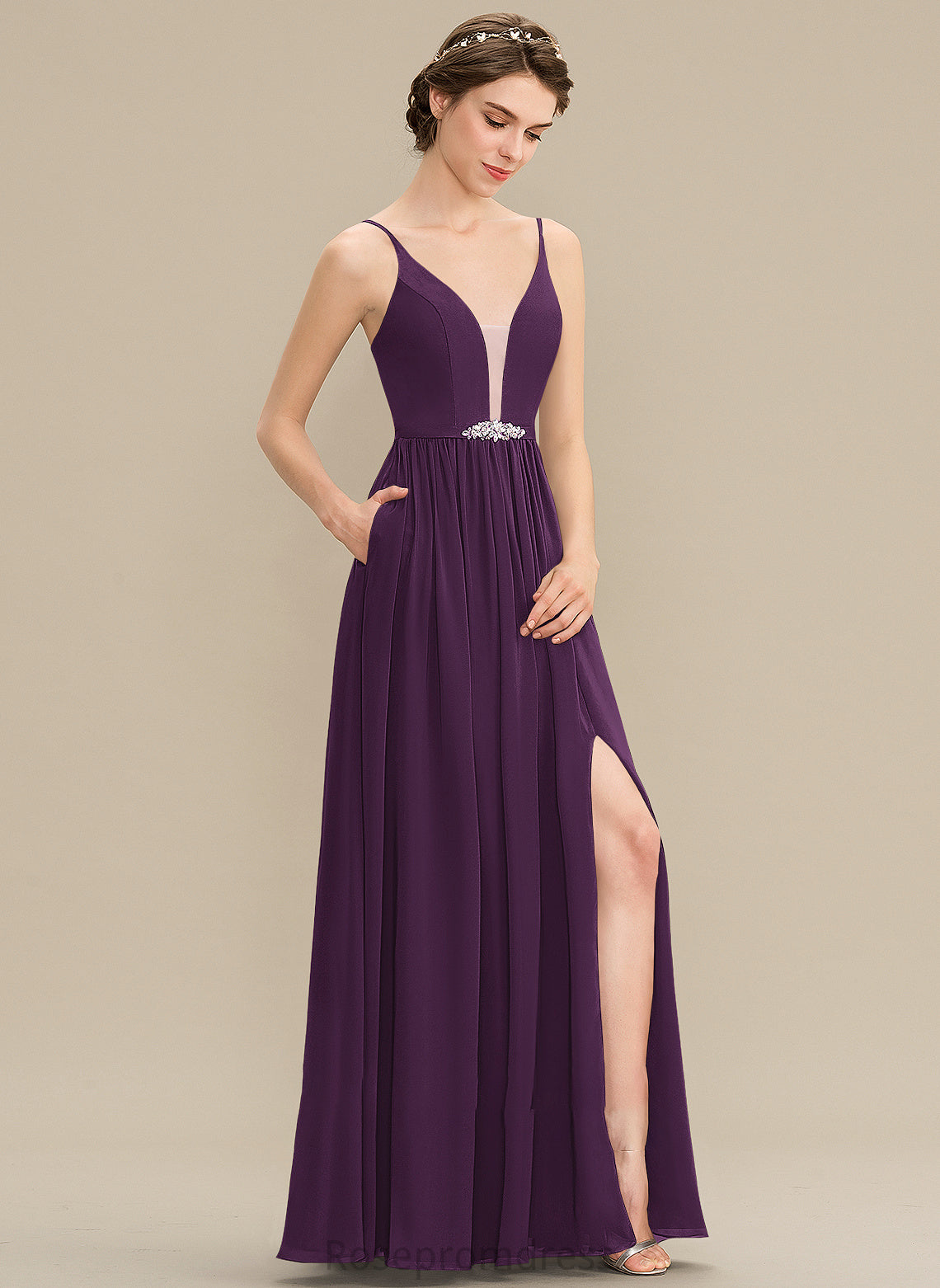 Silhouette Fabric Beading Floor-Length V-neck Length Sequins Pockets Neckline Embellishment A-Line SplitFront Bridesmaid Dresses