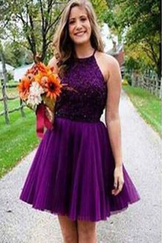 Purple Short Halter Neck Backless Beads Tulle Juniors Mini Sweet 16 Homecoming Dress RS433