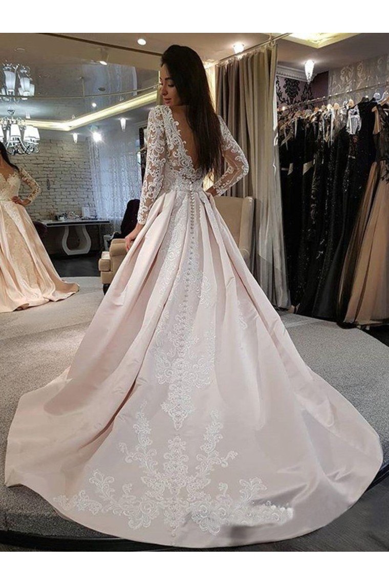A-Line/Princess Satin Applique V-Neck Long Sleeves Sweep/Brush Train Wedding Dresses