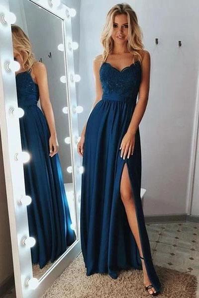 Sexy A Line Spaghetti Straps Appliques Long V neck Prom Dresses with SRS15662
