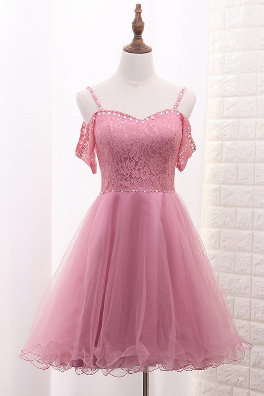 2024 A Line Tulle & Lace Spaghetti Straps Homecoming Dresses With Beads