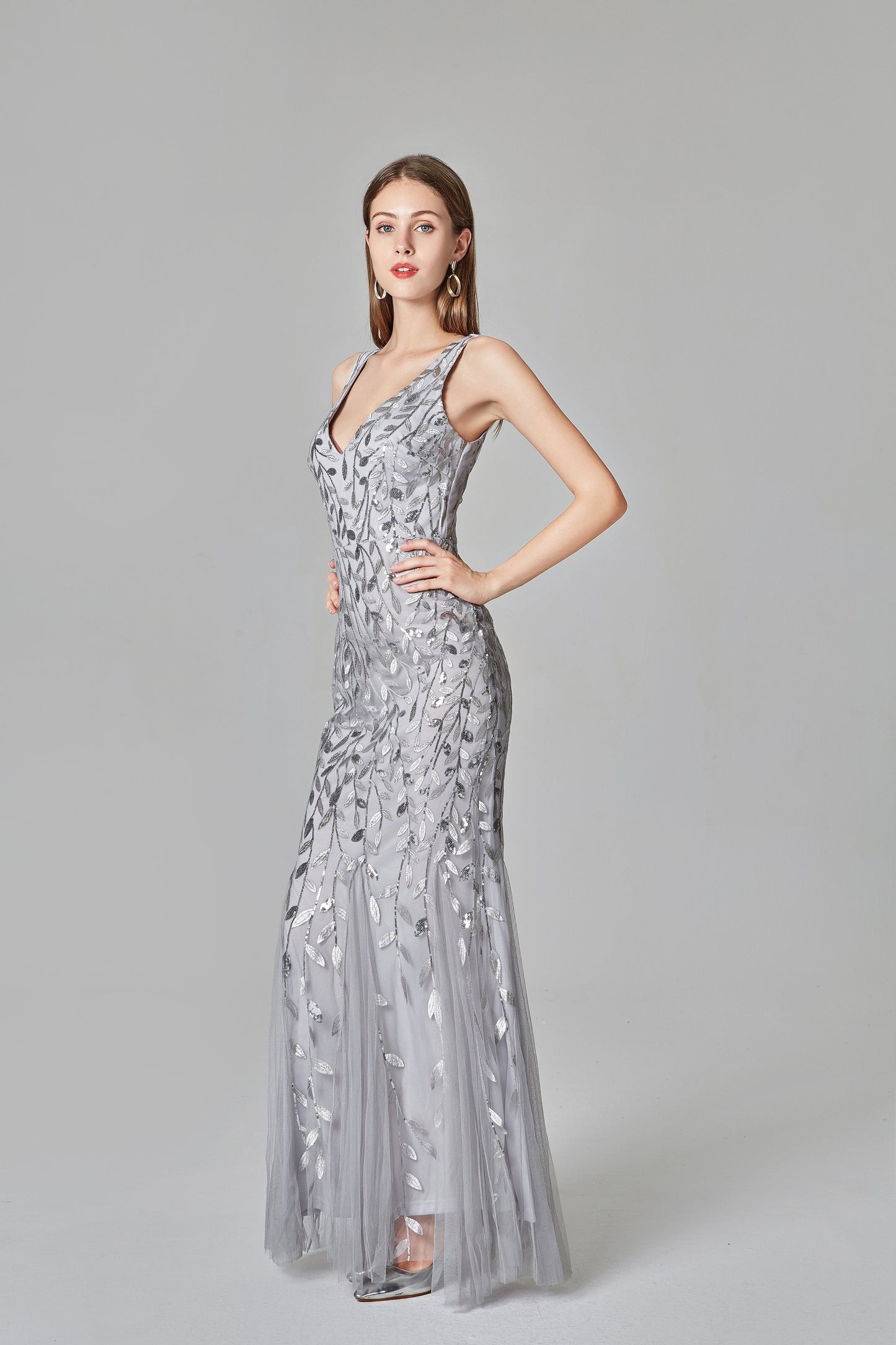 Sexy V Neck Silver Mermaid Prom Dresses, Embroidered Sequins Long Evening Dresses SRS15368
