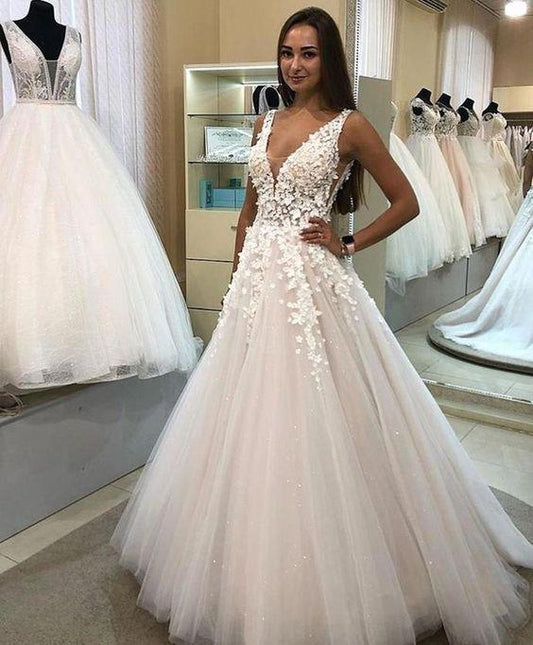 A Line V-neck Long Tulle Wedding Dress with Appliques, Cheap Bridal Dresses SRS15045
