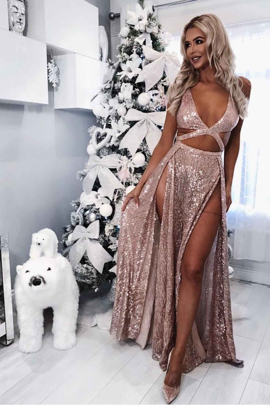 Sexy A-Line Rose Gold Sequins V Neck Prom Dresses with High Split Formal Dresses RS752