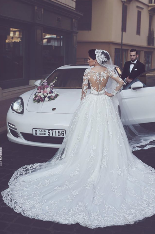 A Line Round Neck Tulle Wedding Dresses With Appliques Wedding SRSPYP3F2BA