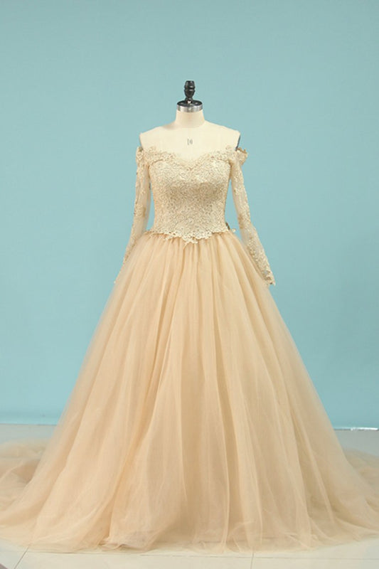 2024 Wedding Dresses V Neck Long Sleeves Tulle With Applique A Line